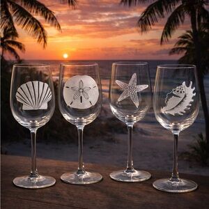 Coastal Vibes Etched  Wine Glasses - Set of 4